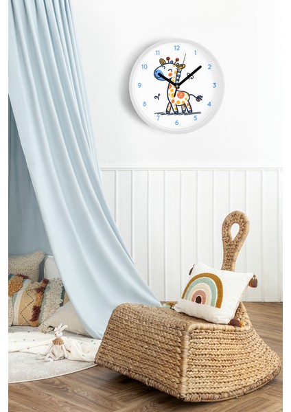 Sevimli Zürafa Çizimli Çocuk Odası Duvar Saati - 25CM - Önü Camlı Beyaz Kasa - Sessiz Mekanizma fiyatları