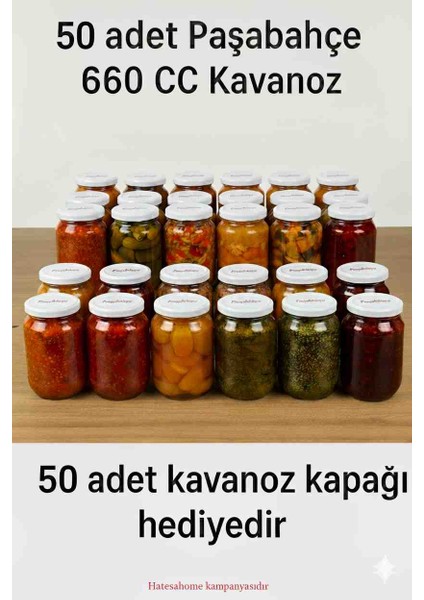Paşabahçe 660 cc Cam Kavanoz 50’li Paket + 50 Adet Kapak Hediyeli