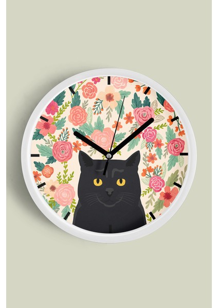 Kedi Tasarım Modern Duvar Saati - 25CM - Önü Camlı Beyaz Kasa - Sessiz Mekanizma