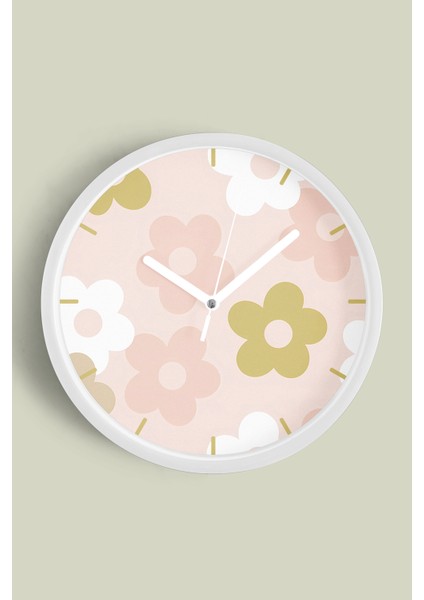 Soyut Çiçek Temalı Modern Duvar Saati - 25CM - Önü Camlı Beyaz Kasa - Sessiz Mekanizma
