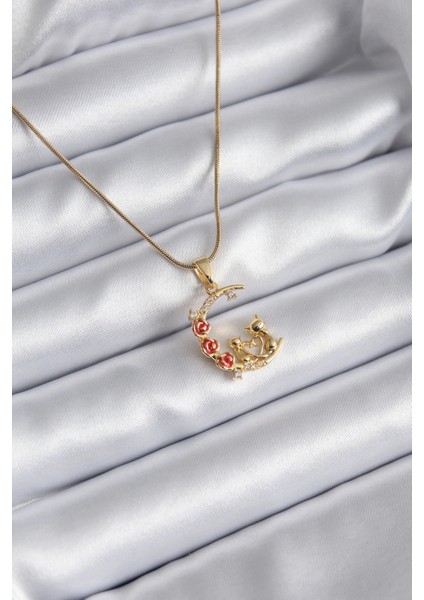 316L Çelik Gold Renk Hilal Kedi Model Zirkon Taşlı Detay Kadın Kolye