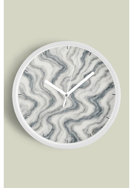Mermer Görünümlü Soyut Duvar Saati - 25CM - Önü Camlı Beyaz Kasa - Sessiz Mekanizma