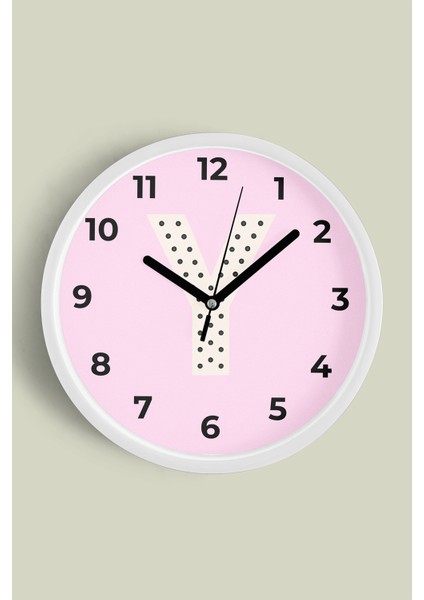 Y Harfi Kız Odası Duvar Saati - 25CM - Önü Camlı Beyaz Kasa - Sessiz Mekanizma