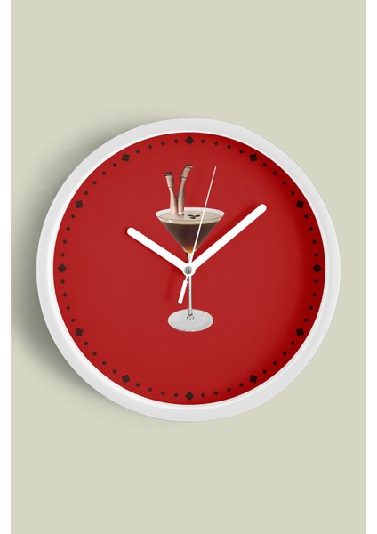 Modern Kokteyl Temalı Duvar Saati - 25CM - Önü Camlı Beyaz Kasa - Sessiz Mekanizma