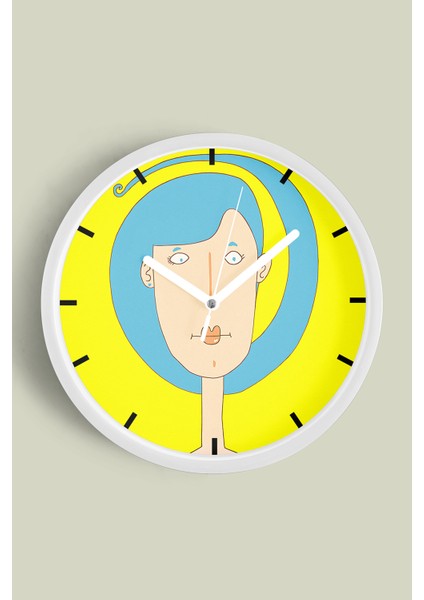 Mavi Saç Modern Duvar Saati - 25CM - Önü Camlı Beyaz Kasa - Sessiz Mekanizma