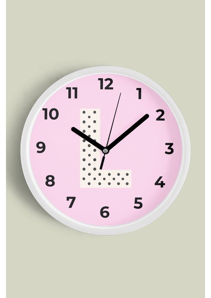 L Harfi Kız Odası Duvar Saati - 25CM - Önü Camlı Beyaz Kasa - Sessiz Mekanizma