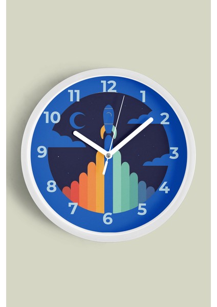 Renkli Roket ve Uzay Temalı Çocuk Odası Duvar Saati - 25CM - Önü Camlı Beyaz Kasa - Sessiz Mekanizma fiyatları