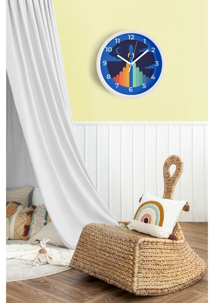 Renkli Roket ve Uzay Temalı Çocuk Odası Duvar Saati - 25CM - Önü Camlı Beyaz Kasa - Sessiz Mekanizma modelleri