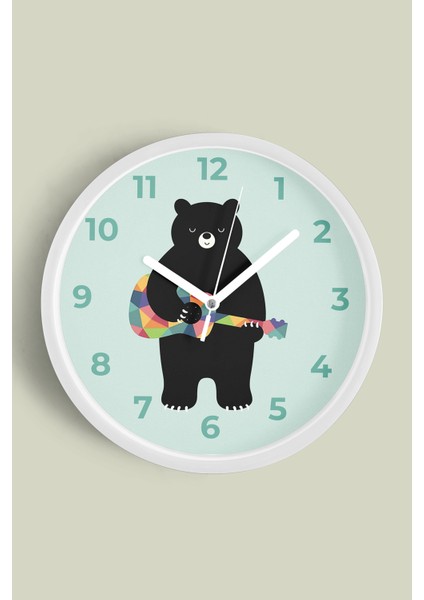 Gitar Çalan Ayı Çocuk Odası Duvar Saati - 25CM - Önü Camlı Beyaz Kasa - Sessiz Mekanizma