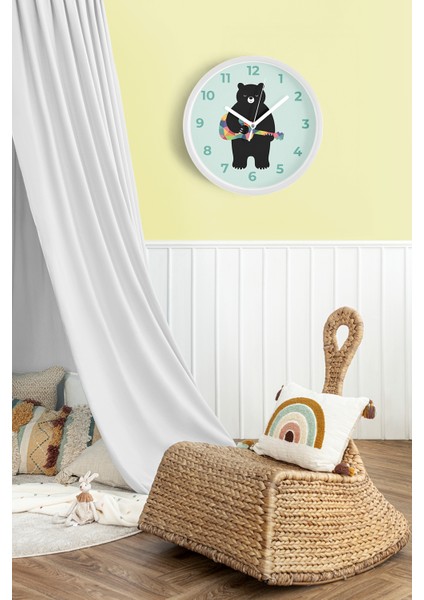 Gitar Çalan Ayı Çocuk Odası Duvar Saati - 25CM - Önü Camlı Beyaz Kasa - Sessiz Mekanizma fiyatları