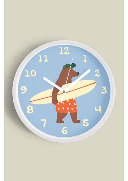 Sorfçü Ayı Çocuk Odası Duvar Saati - 25CM - Önü Camlı Beyaz Kasa - Sessiz Mekanizma