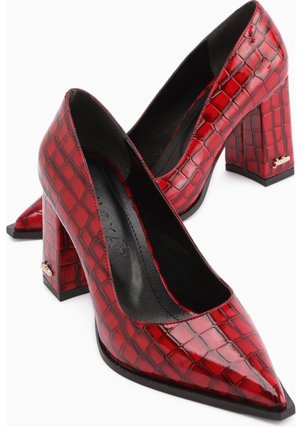 Lucy Bordo Kroko Kalın Topuklu Ayakkabı Kadın Stiletto