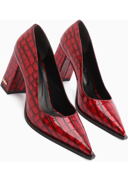 Lucy Bordo Kroko Kalın Topuklu Ayakkabı Kadın Stiletto indirimleri