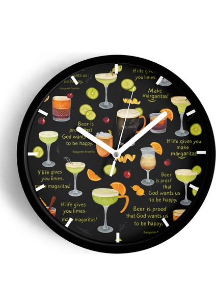 Kokteyl Bardağı Modern Tasarım Duvar Saati - 25CM - Önü Camlı Siyah Kasa - Sessiz Mekanizma