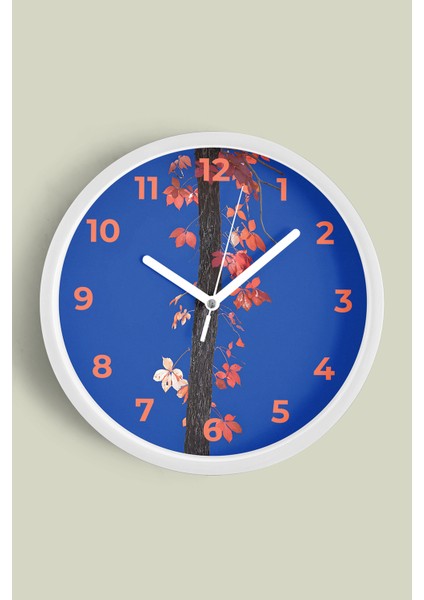 Mavi Fon Üzerinde Sonbahar Yaprakları Modern Duvar Saati - 25CM - Önü Camlı Beyaz Kasa