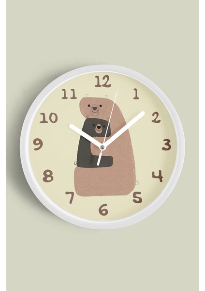 Anne ile Çocuk Ayı Çocuk Odası Duvar Saati - 25CM - Önü Camlı Beyaz Kasa - Sessiz Mekanizma