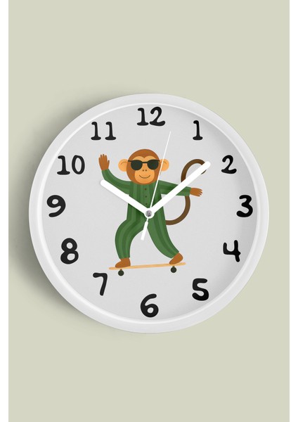 Güneş Gözlüklü Kaykay Yapan Sevimli Maymun Çocuk Odası Modern Duvar Saati - 25CM - Önü Camlı