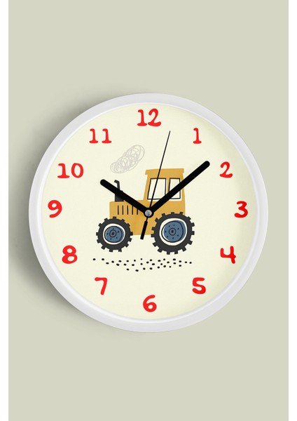 Traktör Tasarımlı Çocuk Odası Duvar Saati - 25CM - Önü Camlı Beyaz Kasa - Sessiz Mekanizma