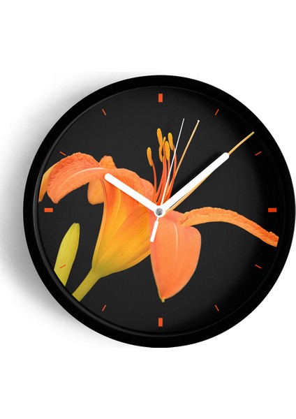 Zambak Çiçek Tasarım Modern Duvar Saati - 25CM - Önü Camlı Siyah Kasa - Sessiz Mekanizma