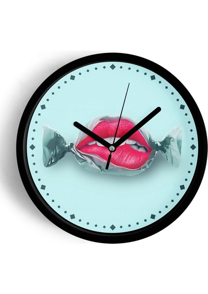 Şeker Dudak Modern Duvar Saati - 25CM - Önü Camlı Siyah Kasa - Sessiz Mekanizma