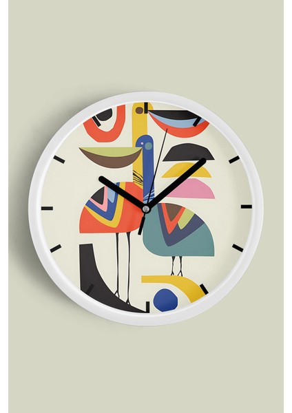Sevimli Kuş Temalı Modern Duvar Saati - 25CM - Önü Camlı Beyaz Kasa - Sessiz Mekanizma