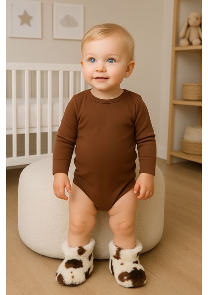 Bebek & Çocuk Kaydırmaz Tabanlı Ev Botu / Panduf / Kışlık Peluş Bot / Dana Desenli indirimleri