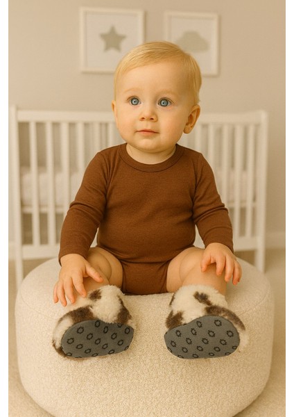 Bebek & Çocuk Kaydırmaz Tabanlı Ev Botu / Panduf / Kışlık Peluş Bot / Dana Desenli