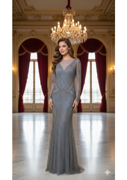 Özel Tasarım Siyah Uzun Abiye Elbise Taş ve Payetli Balık Model