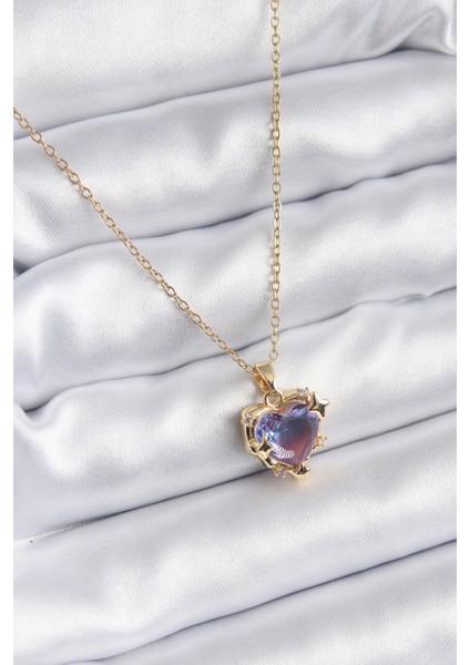 316L Çelik Zincir Gold Renk Mor Renk Zirkon Taşlı Kalp Model Kadın Kolye