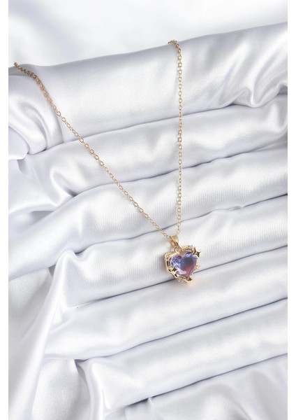 316L Çelik Zincir Gold Renk Mor Renk Zirkon Taşlı Kalp Model Kadın Kolye fiyatları