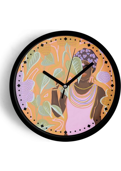 Soyut Siyahi Kadın Insan Modern Tasarım Duvar Saati - 25CM - Önü Camlı Siyah Kasa - Sessiz Mekanizma