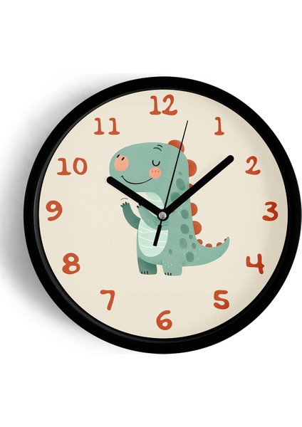 Sevimli Dinozor Çocuk Odası Duvar Saati - 42CM - Önü Camlı Siyah Kasa - Sessiz Mekanizma