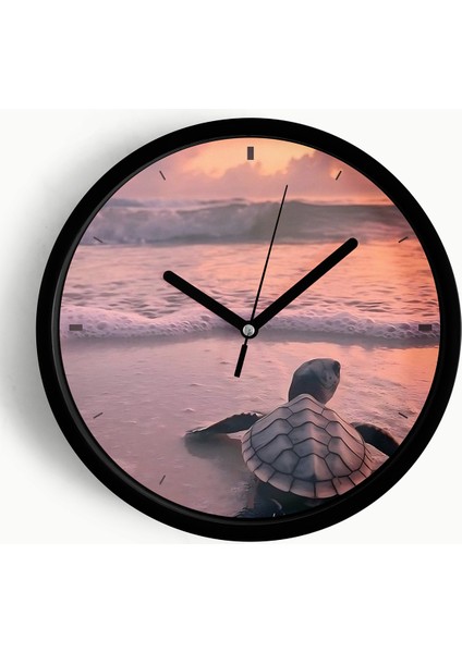 Deniz Kaplumbağası Deniz Manzaralı Modern Duvar Saati - 25CM - Önü Camlı Siyah Kasa