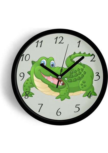 Sevimli Timsah Çocuk Odası Duvar Saati - 25CM - Önü Camlı Siyah Kasa - Sessiz Mekanizma