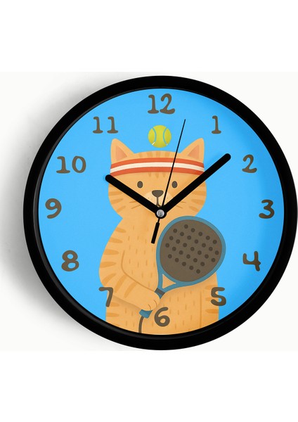 Tenisçi Kedi Çocuk Odası Duvar Saati - 25CM - Önü Camlı Siyah Kasa - Sessiz Mekanizma