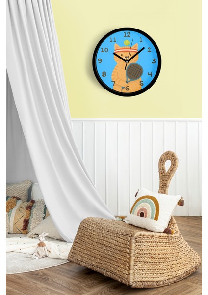 Tenisçi Kedi Çocuk Odası Duvar Saati - 25CM - Önü Camlı Siyah Kasa - Sessiz Mekanizma fiyatları