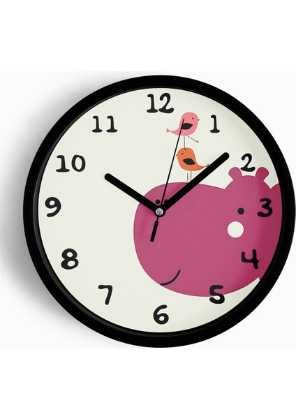 Sevimli Su Aygırı ve Kuşlar Çizimli Çocuk Odası Duvar Saati - 25CM - Önü Camlı Siyah Kasa