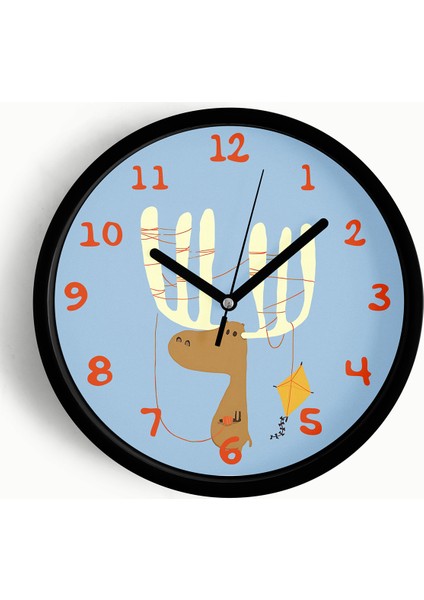 Uçurtma Uçuran Sevimli Geyik Çocuk Odası Duvar Saati - 25CM - Önü Camlı Siyah Kasa