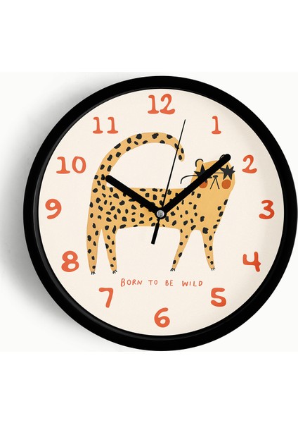 Leopar Çizim Tasarımı Modern Duvar Saati - 25CM - Önü Camlı Siyah Kasa - Sessiz Mekanizma