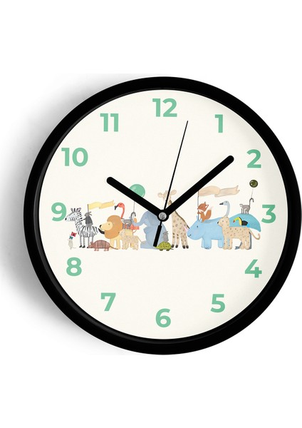Sevimli Hayvanlar Temalı Çocuk Odası Modern Duvar Saati - 25CM - Önü Camlı Siyah Kasa
