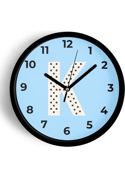 K Harfi Erkek Odası Duvar Saati - 25CM - Önü Camlı Siyah Kasa - Sessiz Mekanizma