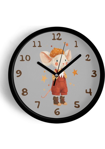 Sevimli Fare Çizimli Çocuk Odası Duvar Saati - 25CM - Önü Camlı Siyah Kasa - Sessiz Mekanizma