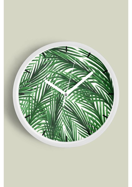 Palmiye Modern Tasarım Duvar Saati - 25CM - Önü Camlı Beyaz Kasa - Sessiz Mekanizma