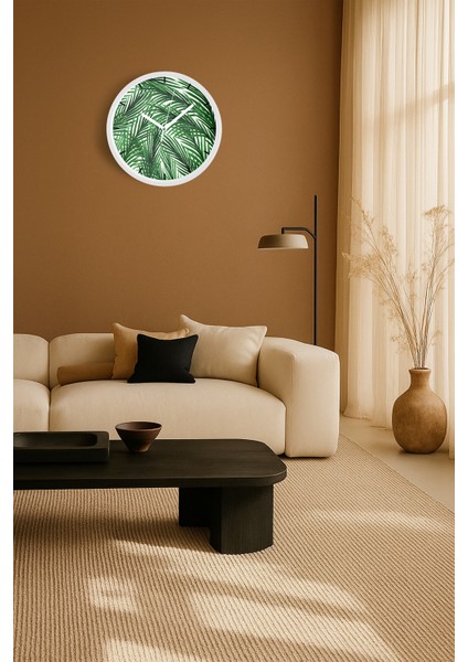 Palmiye Modern Tasarım Duvar Saati - 25CM - Önü Camlı Beyaz Kasa - Sessiz Mekanizma fiyatları