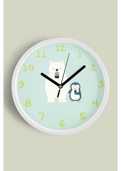 Ayı Ile Penguen Çocuk Odası Modern Duvar Saati - 25CM - Önü Camlı Beyaz Kasa - Sessiz Mekanizma