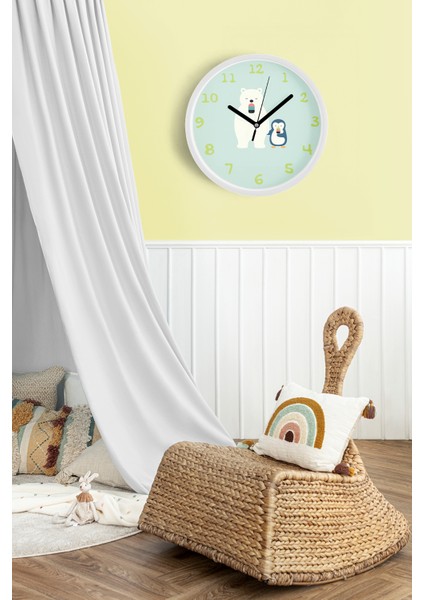 Ayı Ile Penguen Çocuk Odası Modern Duvar Saati - 25CM - Önü Camlı Beyaz Kasa - Sessiz Mekanizma fiyatları