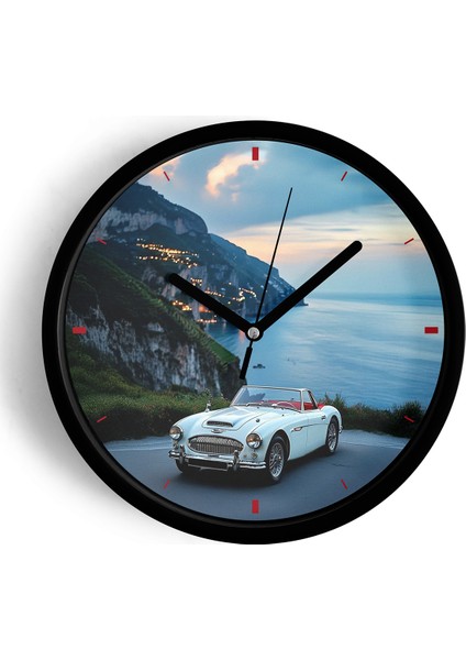 Klasik Araba ve Sahil Manzaralı Duvar Saati - 25CM - Önü Camlı Siyah Kasa - Sessiz Mekanizma