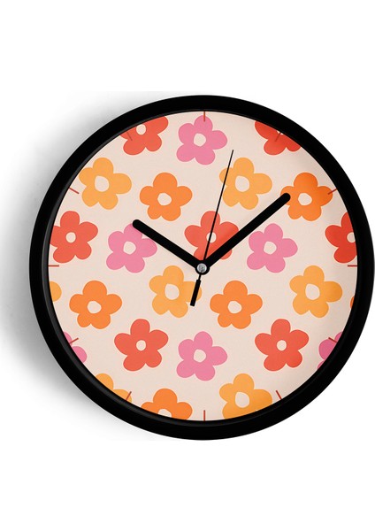 Soyut Renkli Çiçek Temalı Modern Duvar Saati - 25CM - Önü Camlı Siyah Kasa - Sessiz Mekanizma