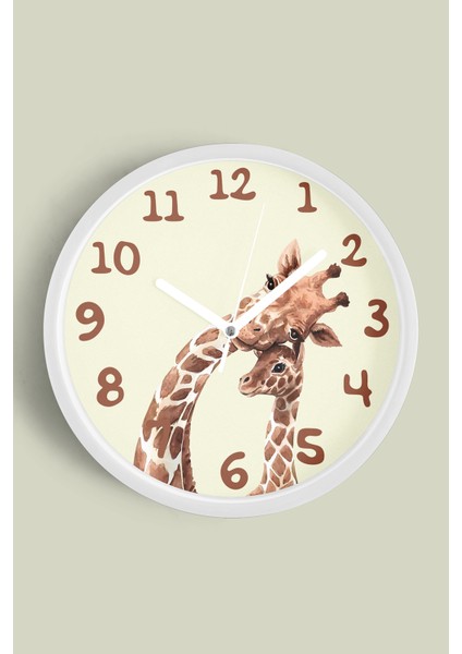 Sevimli Zürafa Temalı Çocuk Odası Modern Duvar Saati - 25CM - Önü Camlı Beyaz Kasa