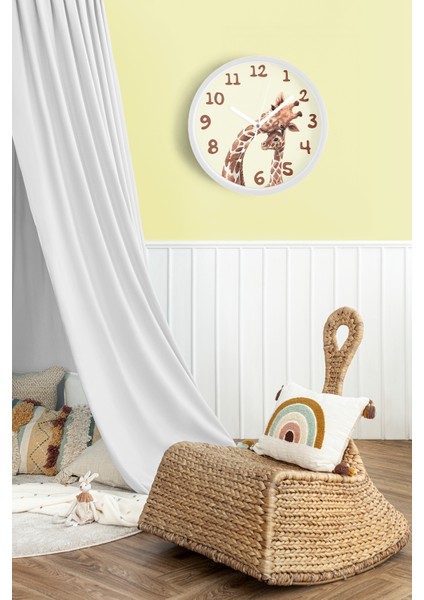 Sevimli Zürafa Temalı Çocuk Odası Modern Duvar Saati - 25CM - Önü Camlı Beyaz Kasa fiyatları